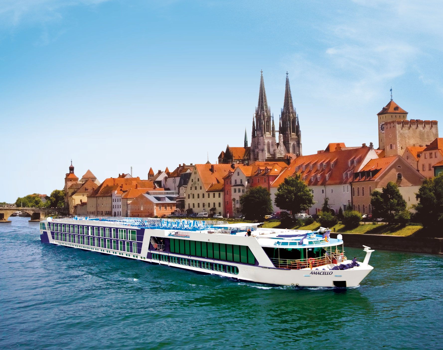 The AmaCello river ship on the Danube below Regensburg’s twin-spired cathedral
